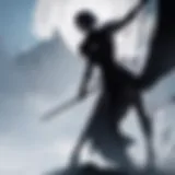 Shadowy silhouette of a lone warrior against a blood-red moon