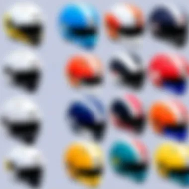 Close-up of various anime-themed bike helmets displayed together, illustrating the diversity in designs and personal expression.