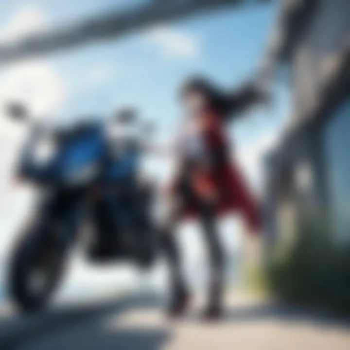 Dynamic anime character riding a customized motorcycle