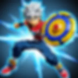 Dynamic battle scene featuring Beyblade tops clashing