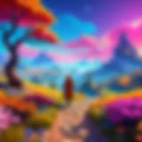 An intricate landscape from a digimo game showcasing vibrant creatures and fantasy elements