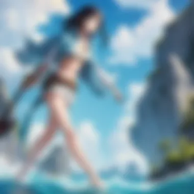 Courageous Leader in Exotic Lands Illustration of Monkey D. Luffy standing triumphantly on a cliff overlooking a tropical island