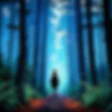 An eerie, shadowy forest setting depicted in a ghost stories anime scene.