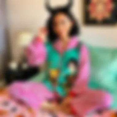 A cozy room scene featuring a fan wearing Demon Slayer pajamas