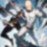 A dynamic battle scene showcasing Saitama's unmatched power against formidable foes.